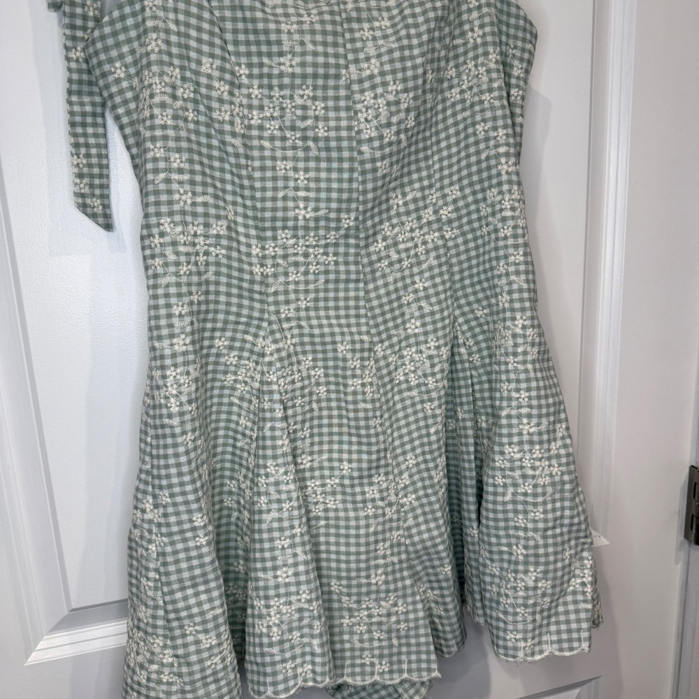 Altar'd State Size Medium Sage Green Gingham Floral Embroidered Tie Strap Romper - Picture 3 of 9